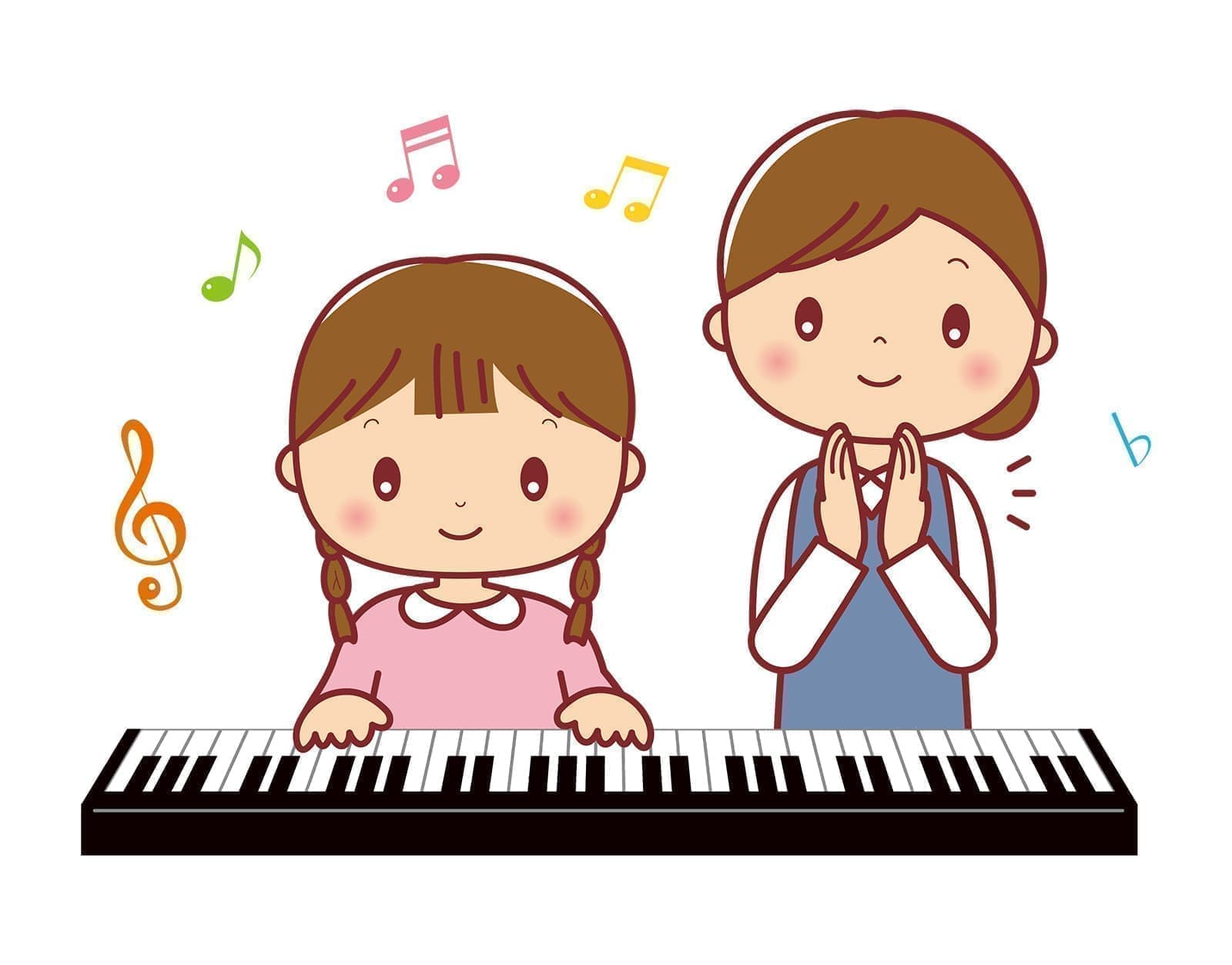 ピアノ練習中の生徒と応援している親のイラスト